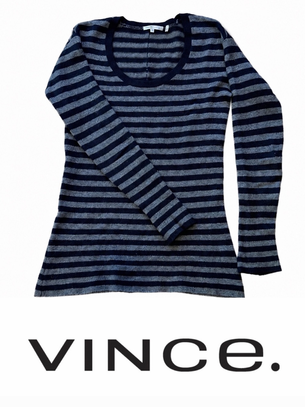 VINCE Navy and Gray Striped Scoop Neck Cashmere Sweater
